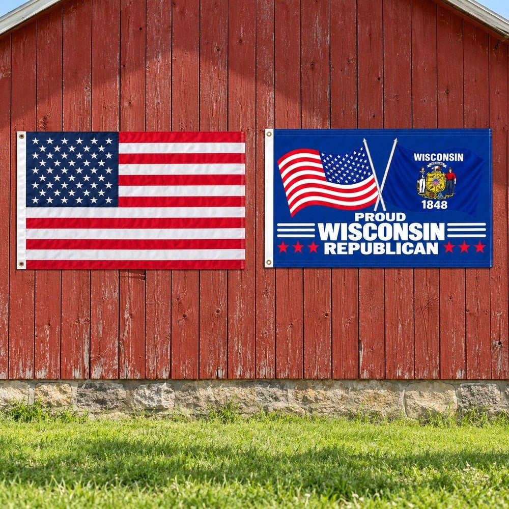 Heavy Duty American Flag and Proud Wisconsin Republican Flag 3x5 2-Pack displayed outdoors