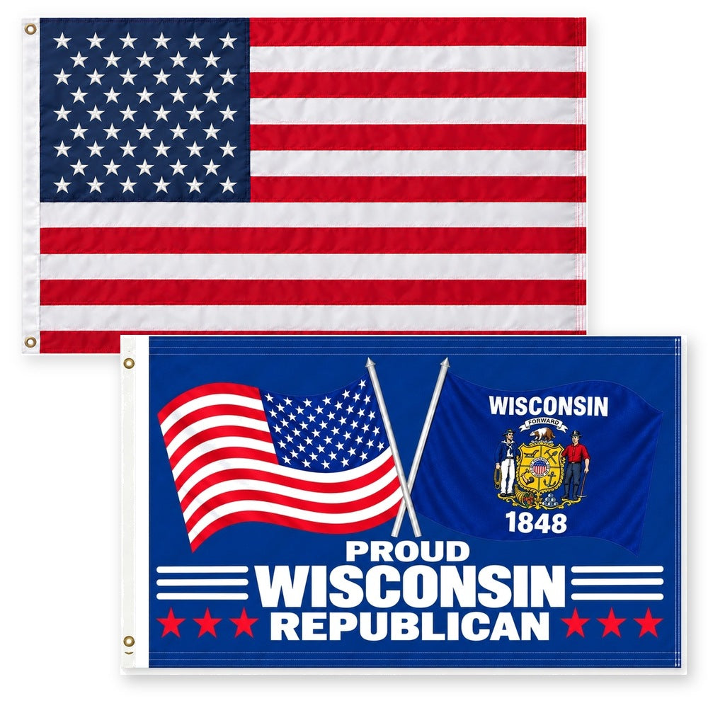 Heavy Duty American Flag and Proud Wisconsin Republican Flag 3x5 2-Pack