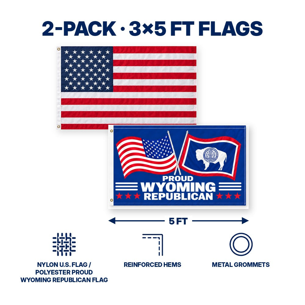Heavy Duty American Flag and Proud Wyoming Republican Flag 3x5 2-Pack features and size details