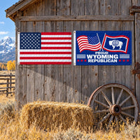 Heavy Duty American Flag and Proud Wyoming Republican Flag 3x5 2-Pack displayed outdoors