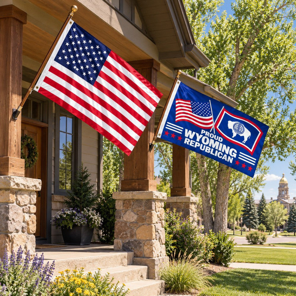 Heavy Duty American Flag and Proud Wyoming Republican Flag 3x5 2-Pack displayed outdoors