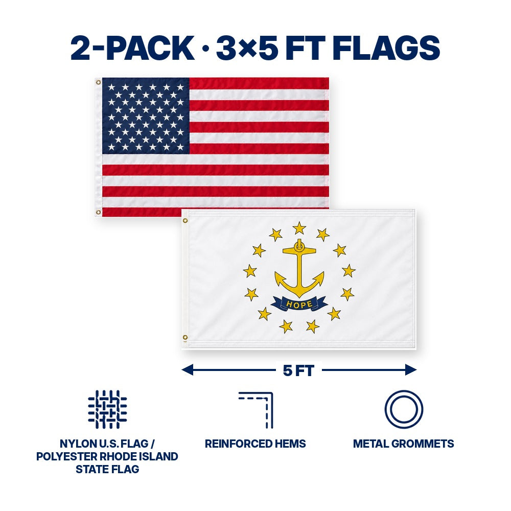 Heavy Duty American Flag and Rhode Island State Flag 3x5 2-Pack features and size details