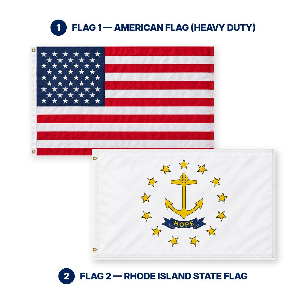 Heavy Duty American Flag and Rhode Island State Flag 3x5 2-Pack features and size details