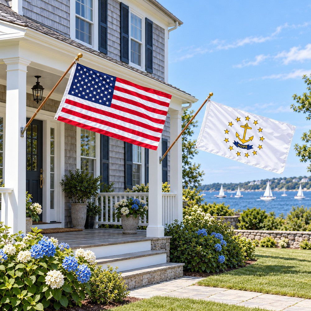 Heavy Duty American Flag and Rhode Island State Flag 3x5 2-Pack displayed outdoors