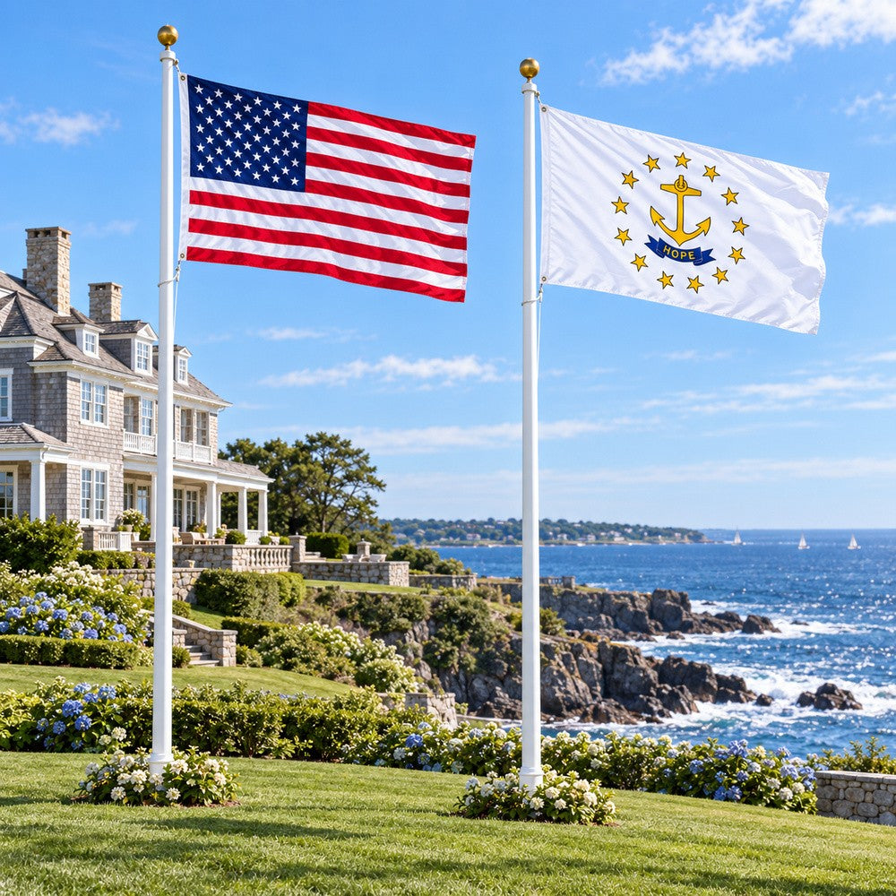 Heavy Duty American Flag and Rhode Island State Flag 3x5 2-Pack displayed outdoors