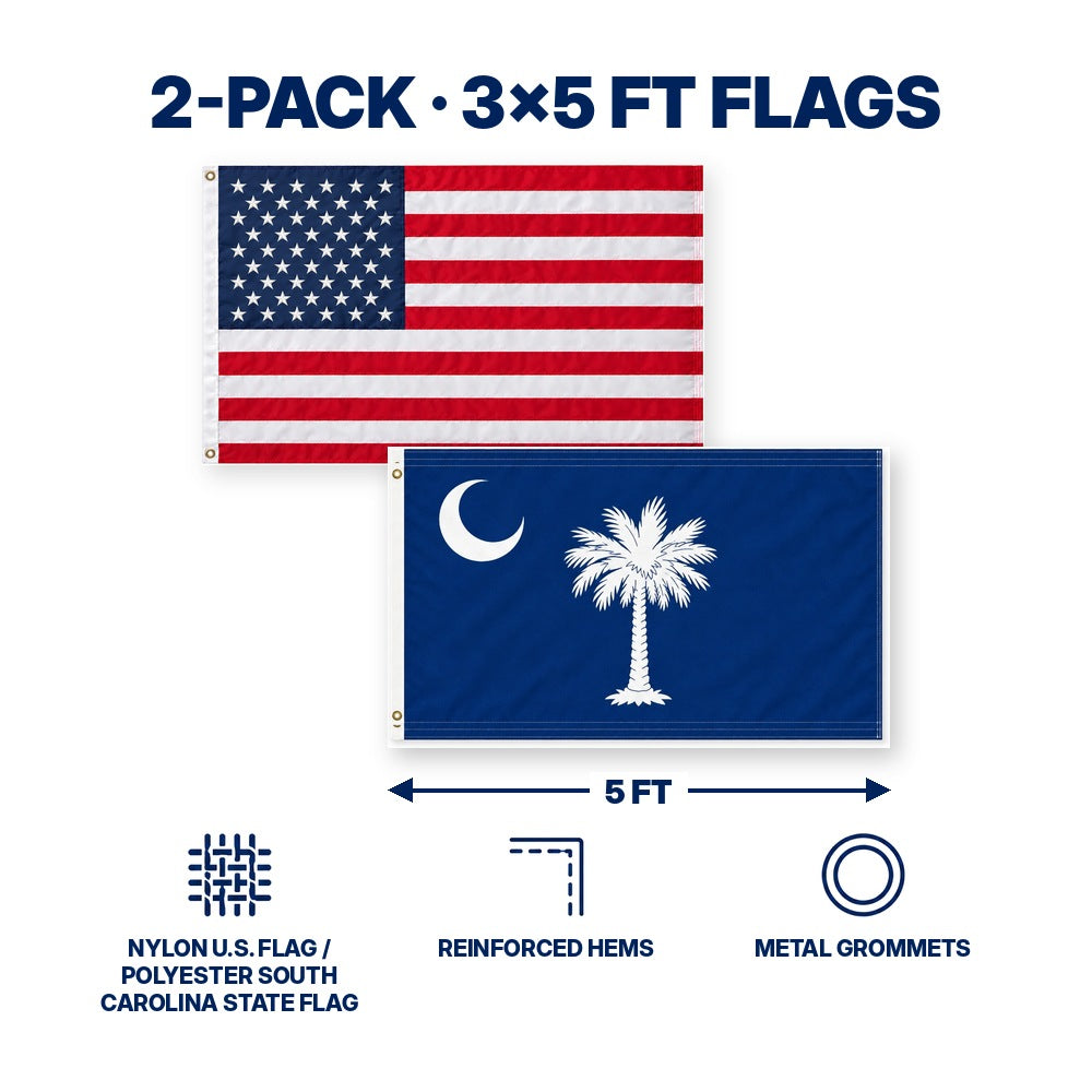Heavy Duty American Flag and South Carolina State Flag 3x5 2-Pack features and size details