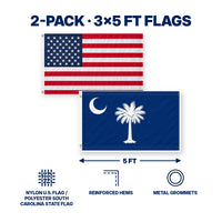Heavy Duty American Flag and South Carolina State Flag 3x5 2-Pack features and size details