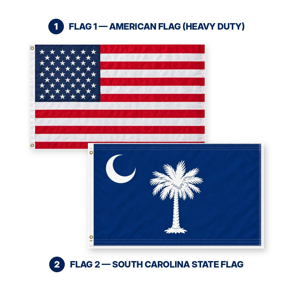 Heavy Duty American Flag and South Carolina State Flag 3x5 2-Pack features and size details