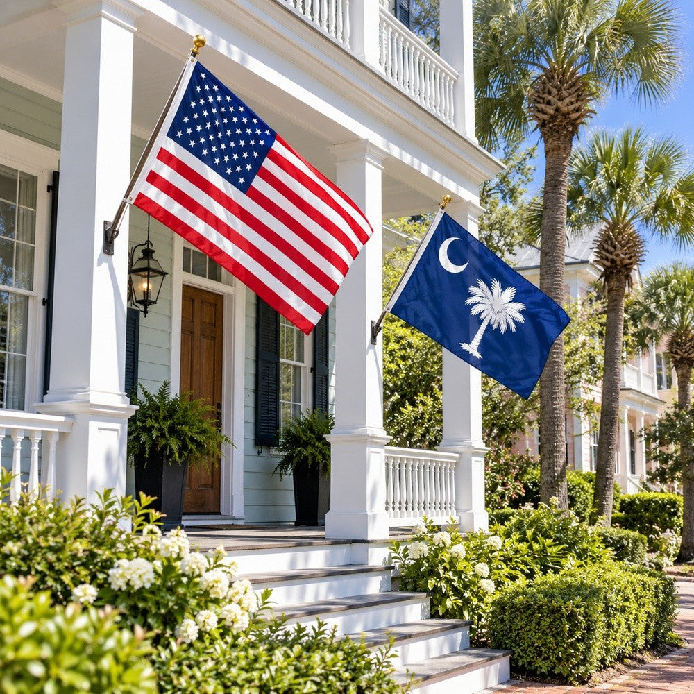 Heavy Duty American Flag and South Carolina State Flag 3x5 2-Pack displayed outdoors