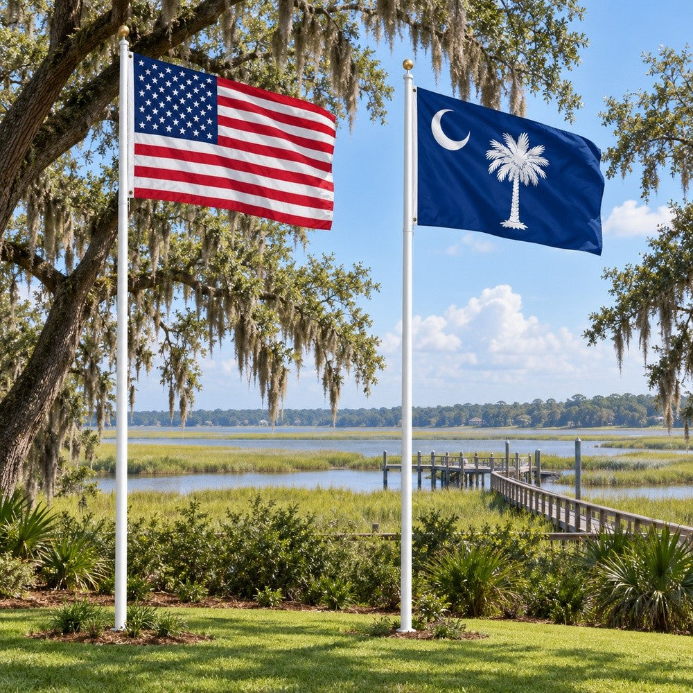 Heavy Duty American Flag and South Carolina State Flag 3x5 2-Pack displayed outdoors