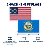 Heavy Duty American Flag and South Dakota State Flag 3x5 2-Pack features and size details