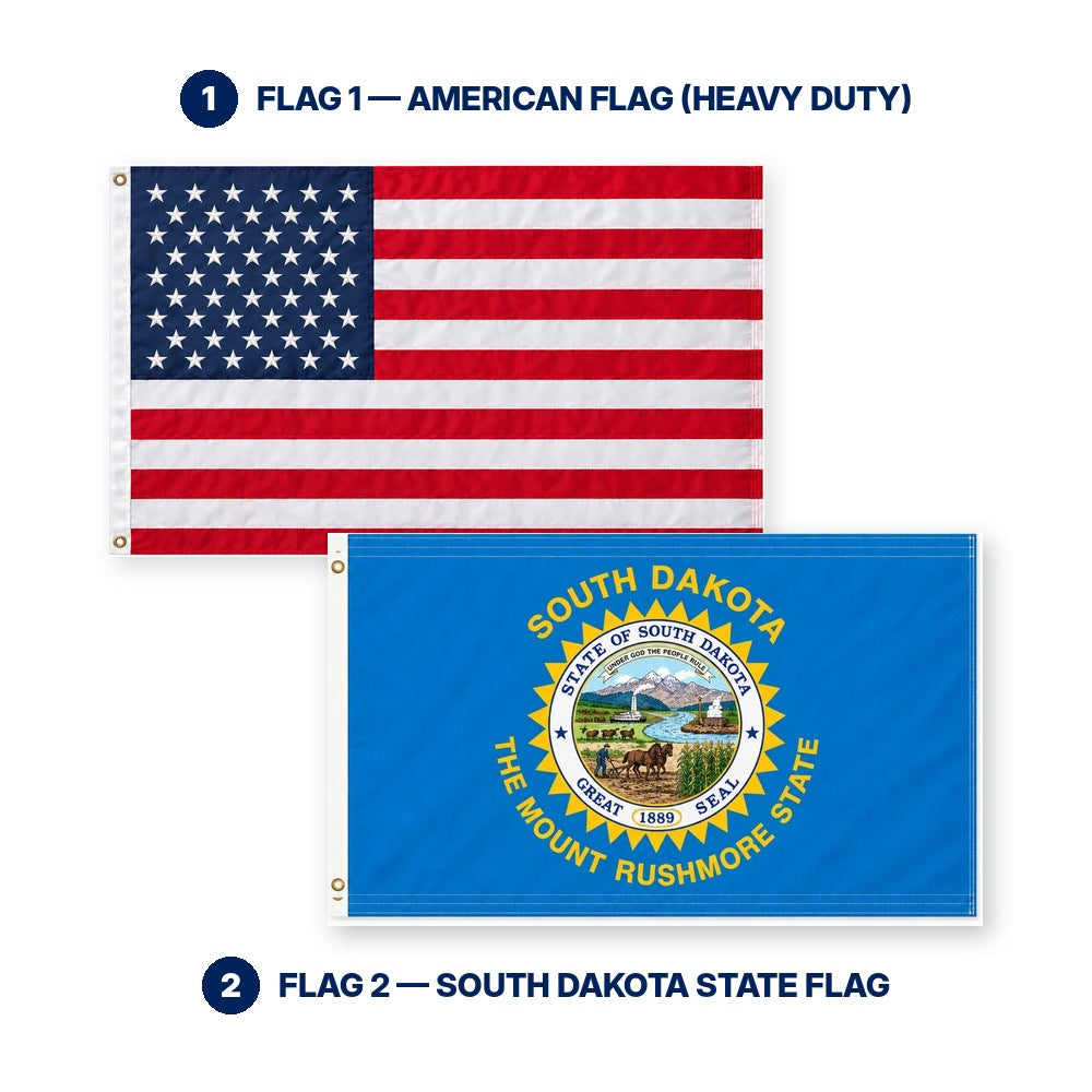 Heavy Duty American Flag and South Dakota State Flag 3x5 2-Pack features and size details