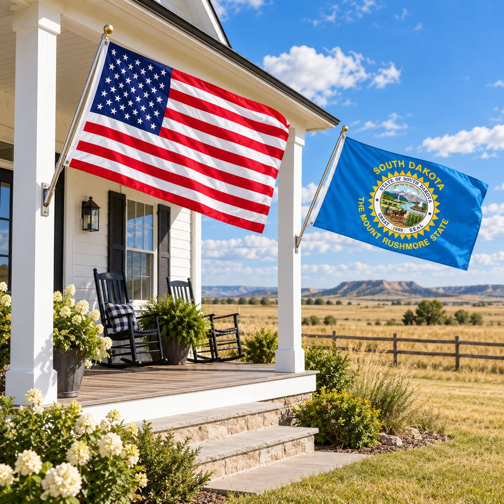 Heavy Duty American Flag and South Dakota State Flag 3x5 2-Pack displayed outdoors