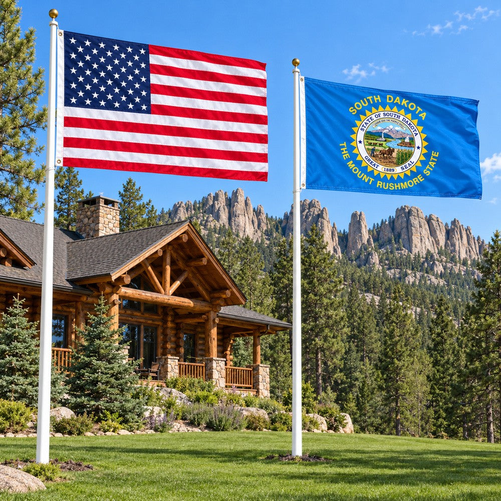 Heavy Duty American Flag and South Dakota State Flag 3x5 2-Pack displayed outdoors