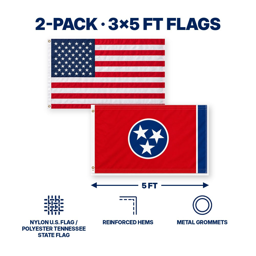 Heavy Duty American Flag and Tennessee State Flag 3x5 2-Pack features and size details