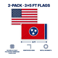Heavy Duty American Flag and Tennessee State Flag 3x5 2-Pack features and size details