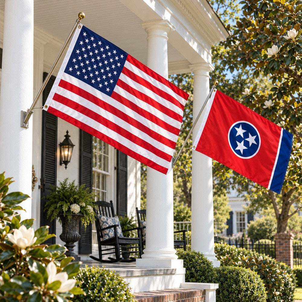 Heavy Duty American Flag and Tennessee State Flag 3x5 2-Pack displayed outdoors