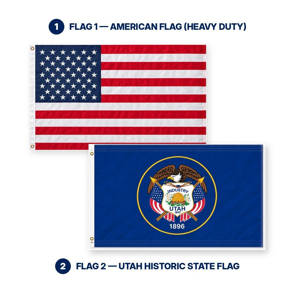 Heavy Duty American Flag and Utah Historic State Flag 3x5 2-Pack features and size details