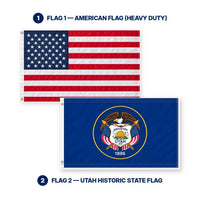 Heavy Duty American Flag and Utah Historic State Flag 3x5 2-Pack features and size details