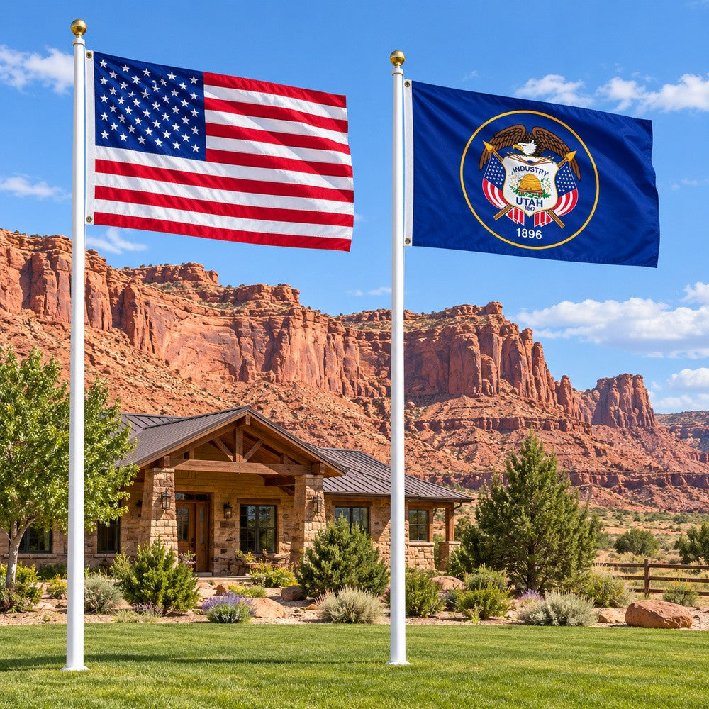 Heavy Duty American Flag and Utah Historic State Flag 3x5 2-Pack displayed outdoors