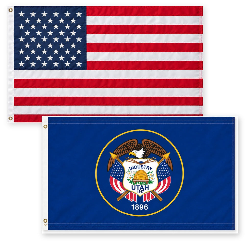 Heavy Duty American Flag and Utah Historic State Flag 3x5 2-Pack
