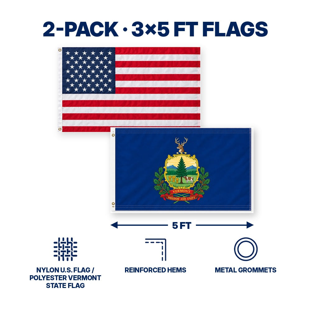 Heavy Duty American Flag and Vermont State Flag 3x5 2-Pack features and size details