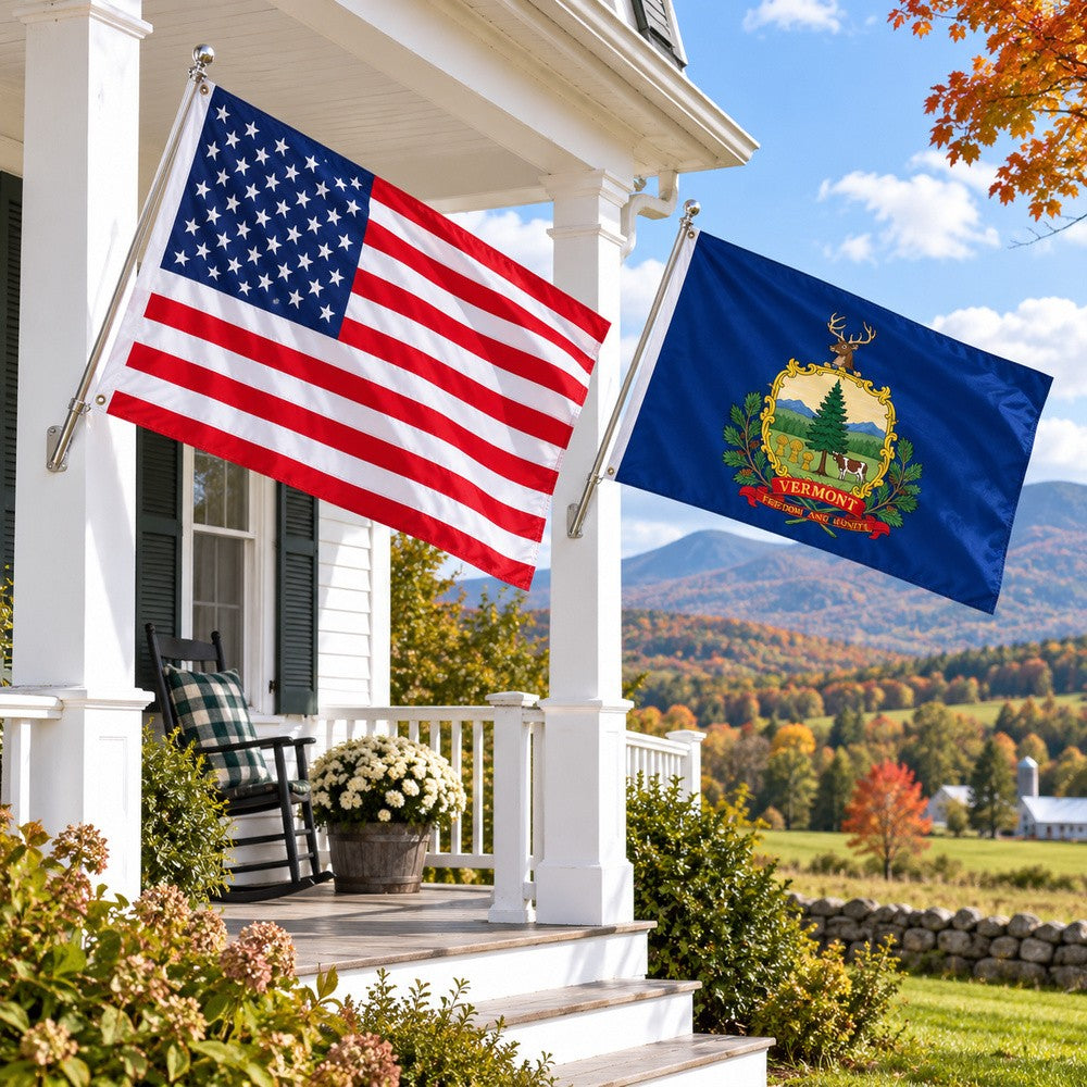Heavy Duty American Flag and Vermont State Flag 3x5 2-Pack displayed outdoors