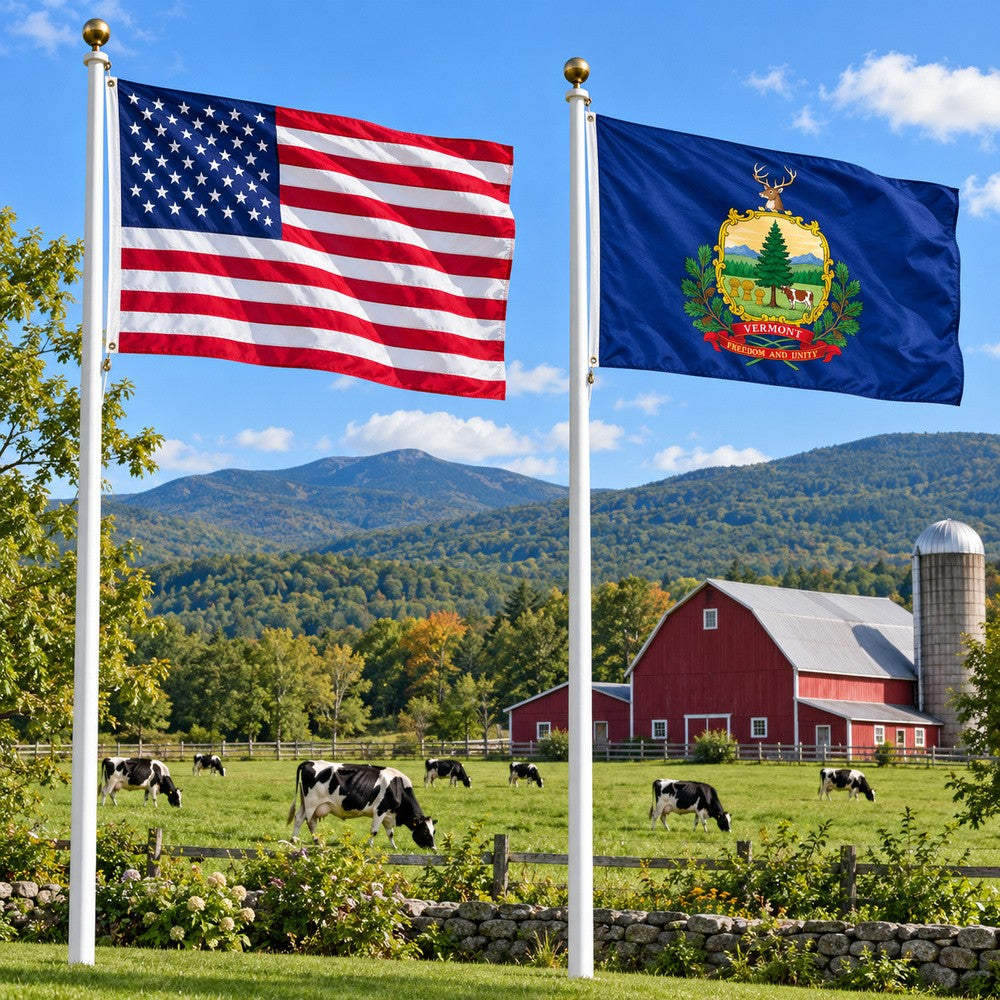 Heavy Duty American Flag and Vermont State Flag 3x5 2-Pack displayed outdoors