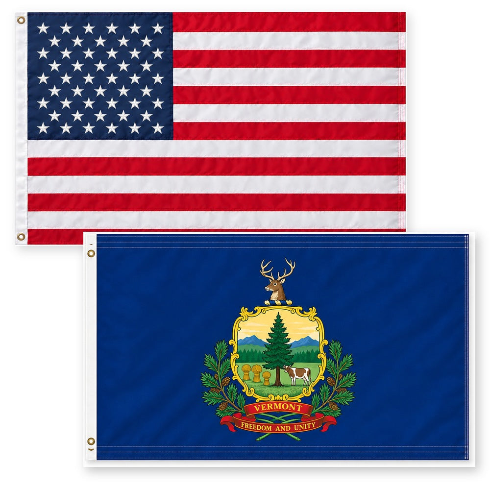 Heavy Duty American Flag and Vermont State Flag 3x5 2-Pack