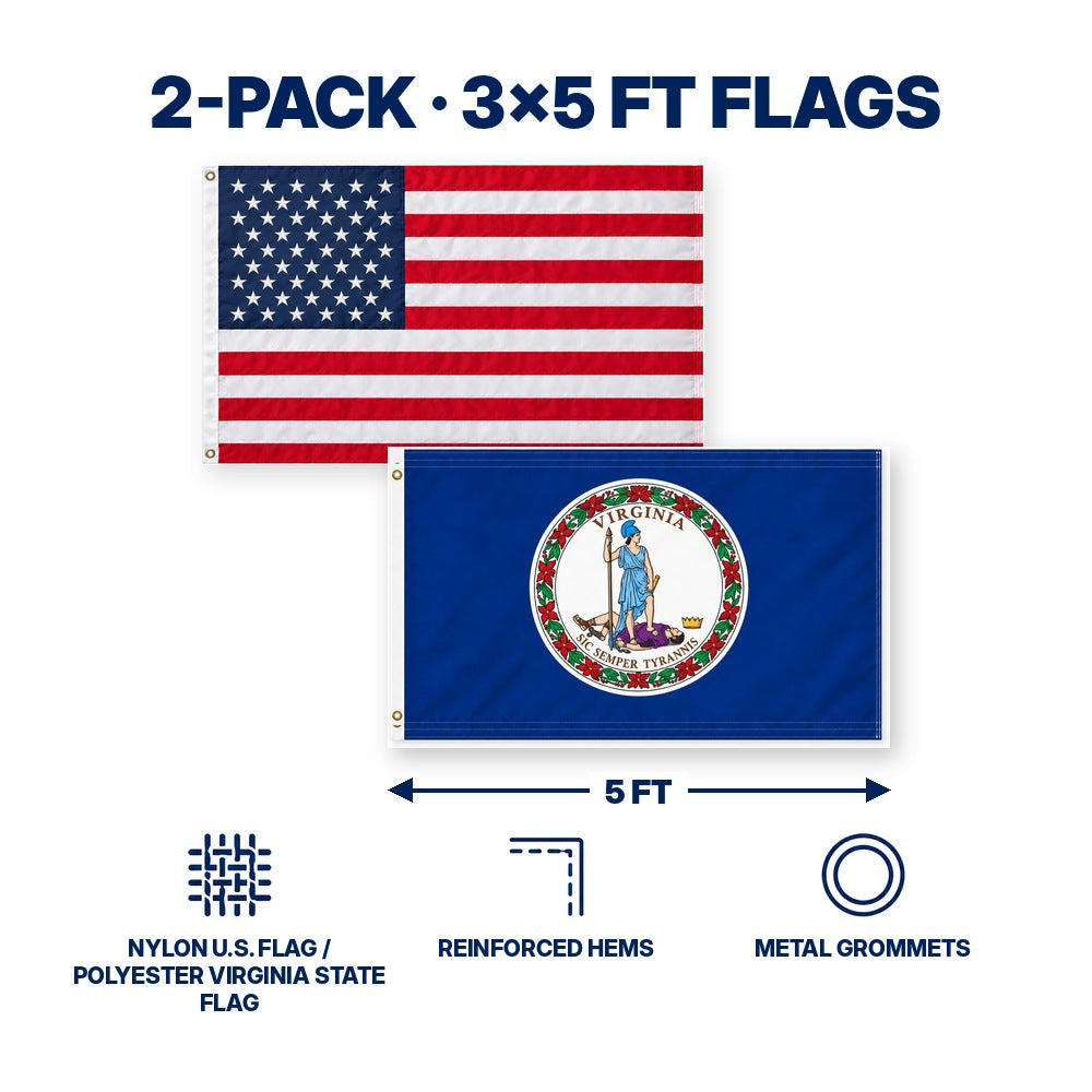 Heavy Duty American Flag and Virginia State Flag 3x5 2-Pack features and size details