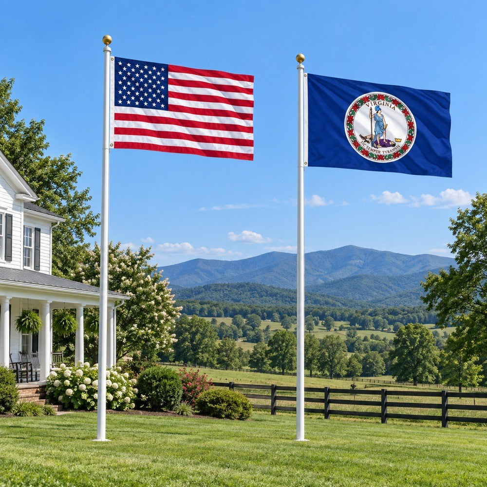 Heavy Duty American Flag and Virginia State Flag 3x5 2-Pack displayed outdoors