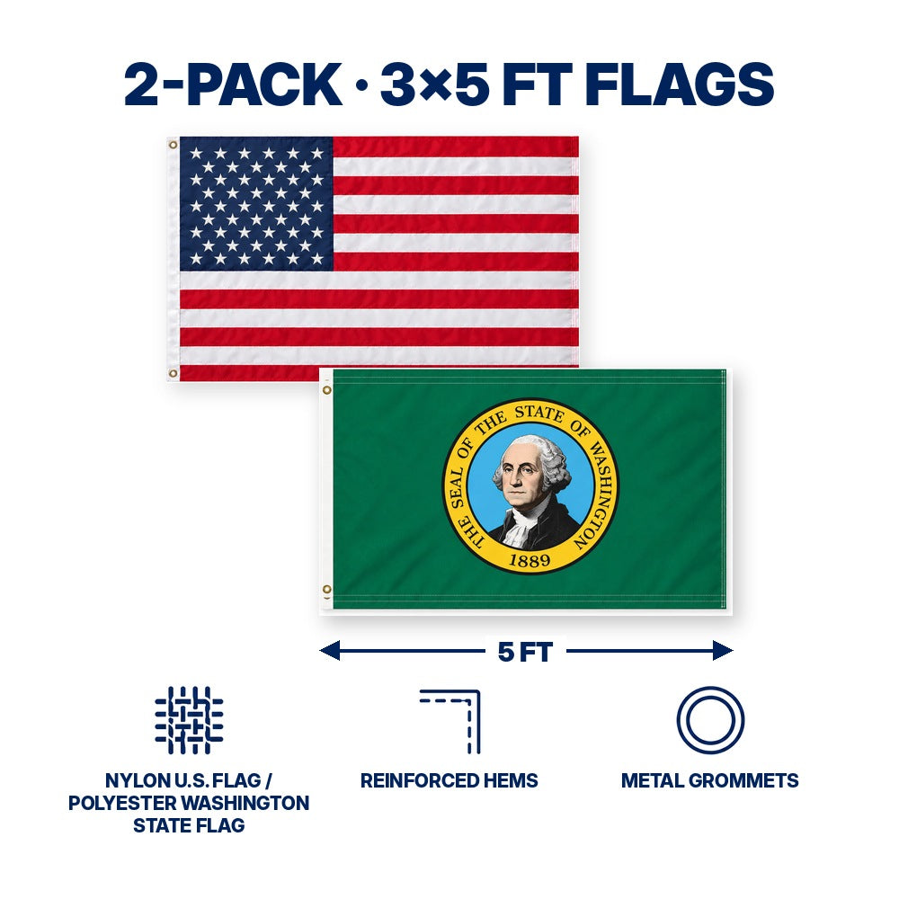 Heavy Duty American Flag and Washington State Flag 3x5 2-Pack features and size details