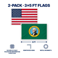 Heavy Duty American Flag and Washington State Flag 3x5 2-Pack features and size details
