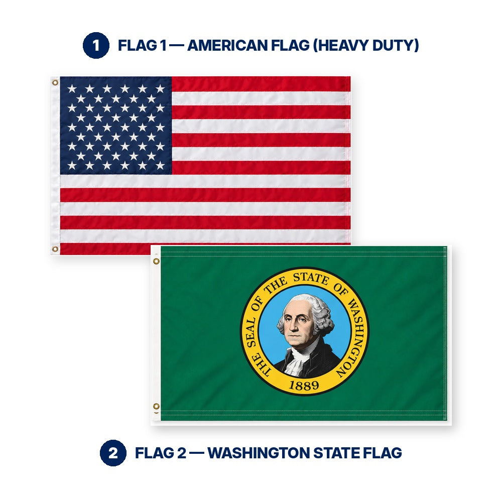 Heavy Duty American Flag and Washington State Flag 3x5 2-Pack features and size details