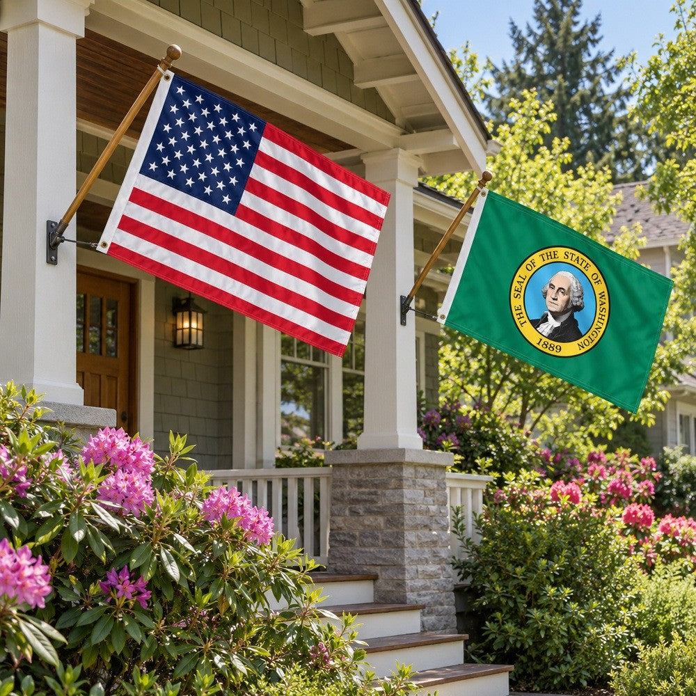 Heavy Duty American Flag and Washington State Flag 3x5 2-Pack displayed outdoors