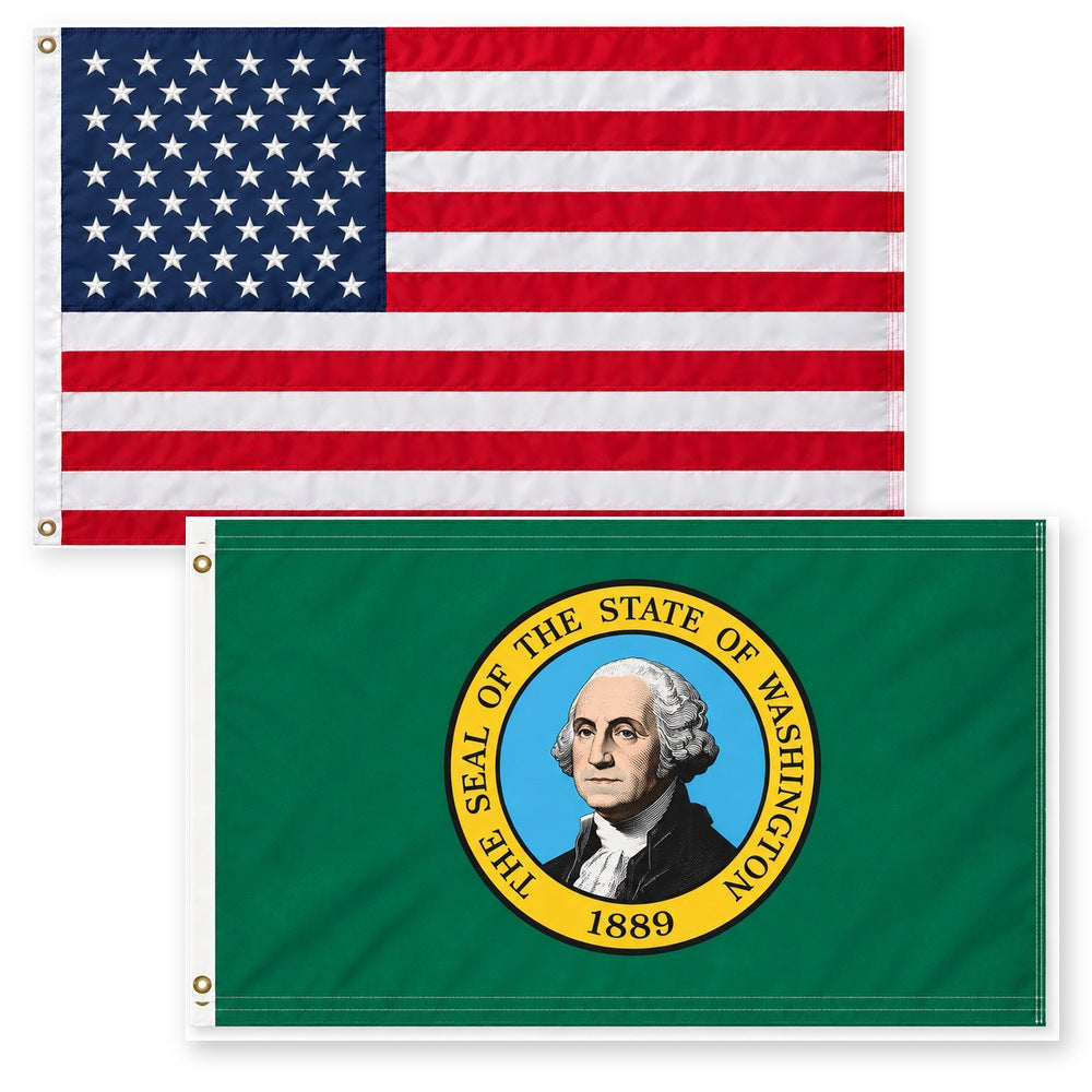 Heavy Duty American Flag and Washington State Flag 3x5 2-Pack