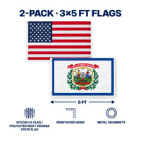 Heavy Duty American Flag and West Virginia State Flag 3x5 2-Pack features and size details