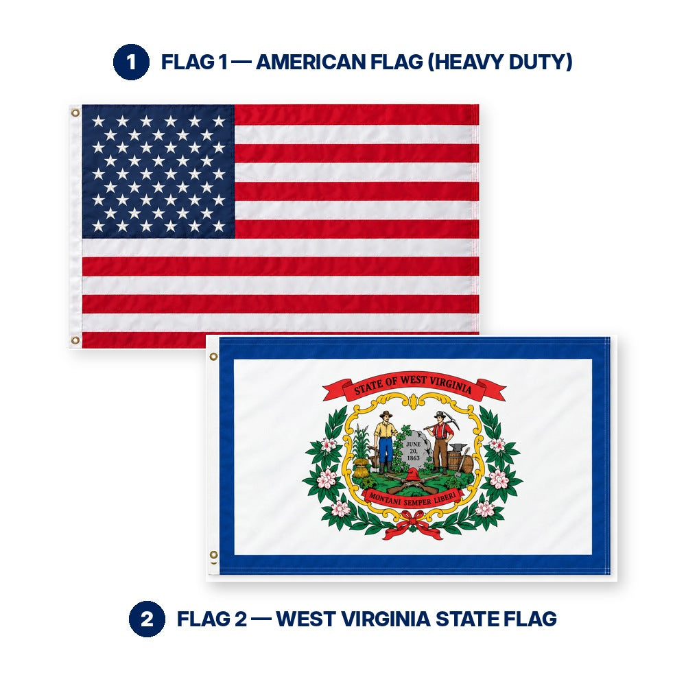 Heavy Duty American Flag and West Virginia State Flag 3x5 2-Pack features and size details