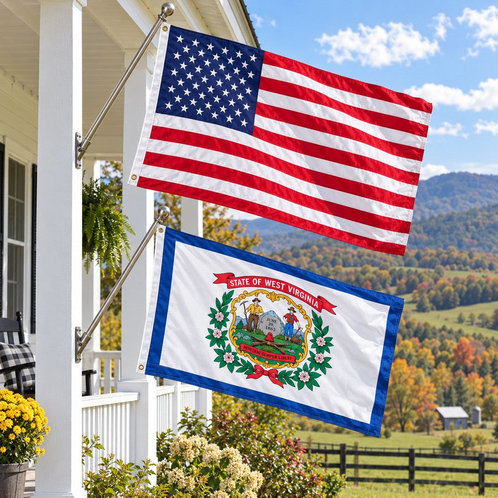 Heavy Duty American Flag and West Virginia State Flag 3x5 2-Pack displayed outdoors