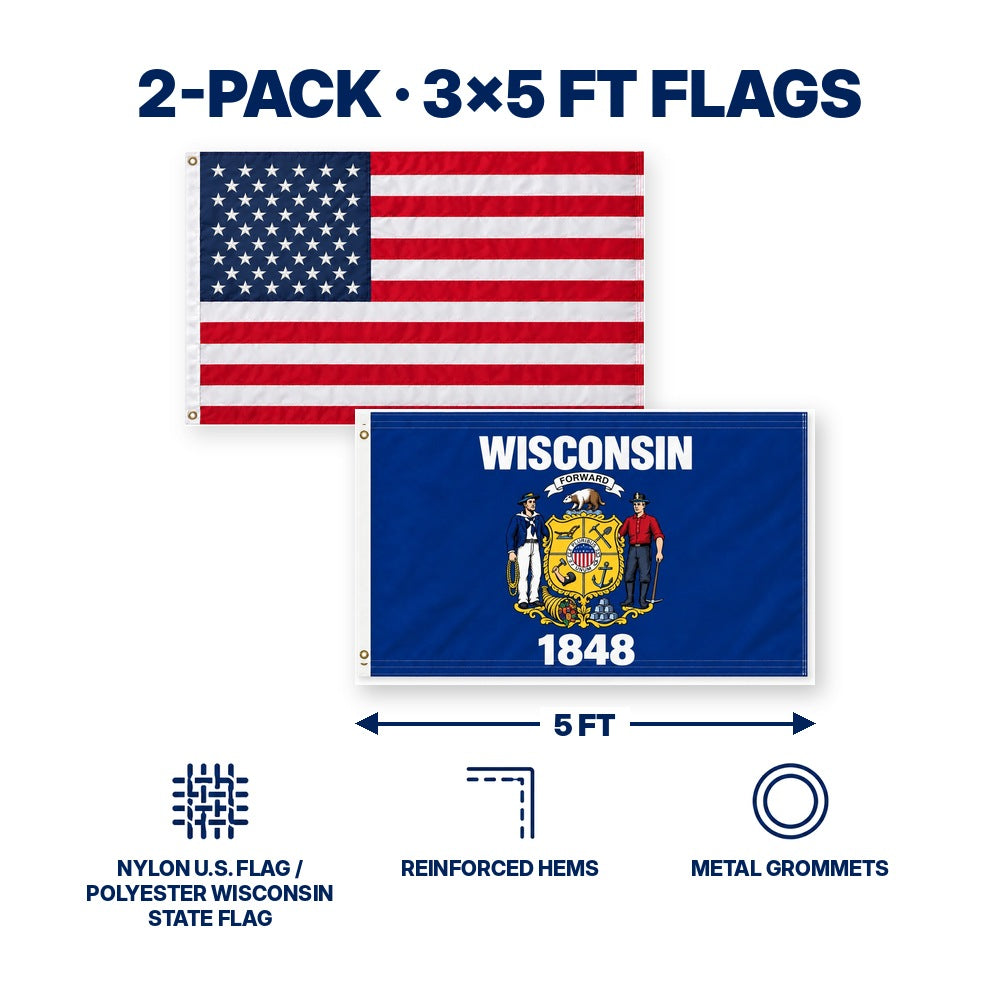 Heavy Duty American Flag and Wisconsin State Flag 3x5 2-Pack features and size details