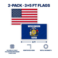 Heavy Duty American Flag and Wisconsin State Flag 3x5 2-Pack features and size details