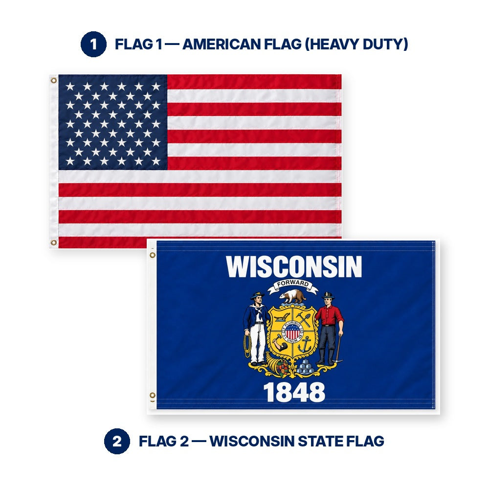 Heavy Duty American Flag and Wisconsin State Flag 3x5 2-Pack features and size details