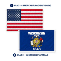 Heavy Duty American Flag and Wisconsin State Flag 3x5 2-Pack features and size details