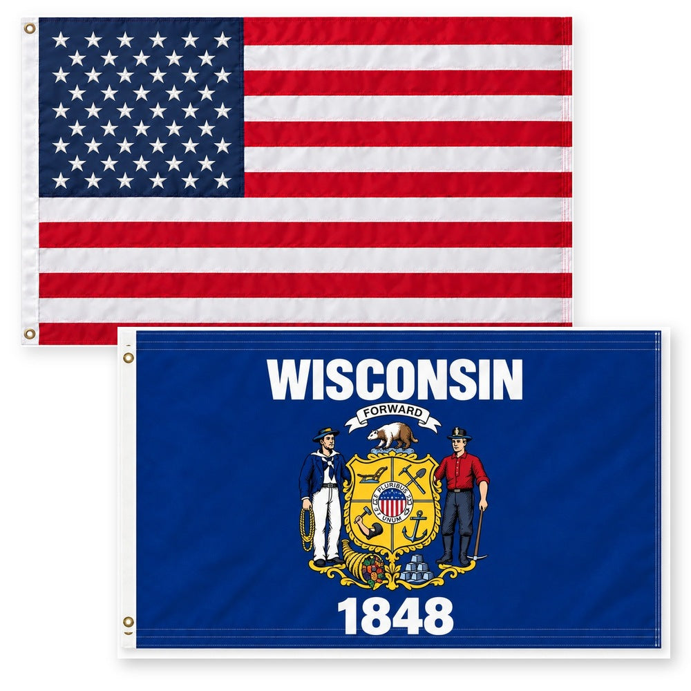 Heavy Duty American Flag and Wisconsin State Flag 3x5 2-Pack