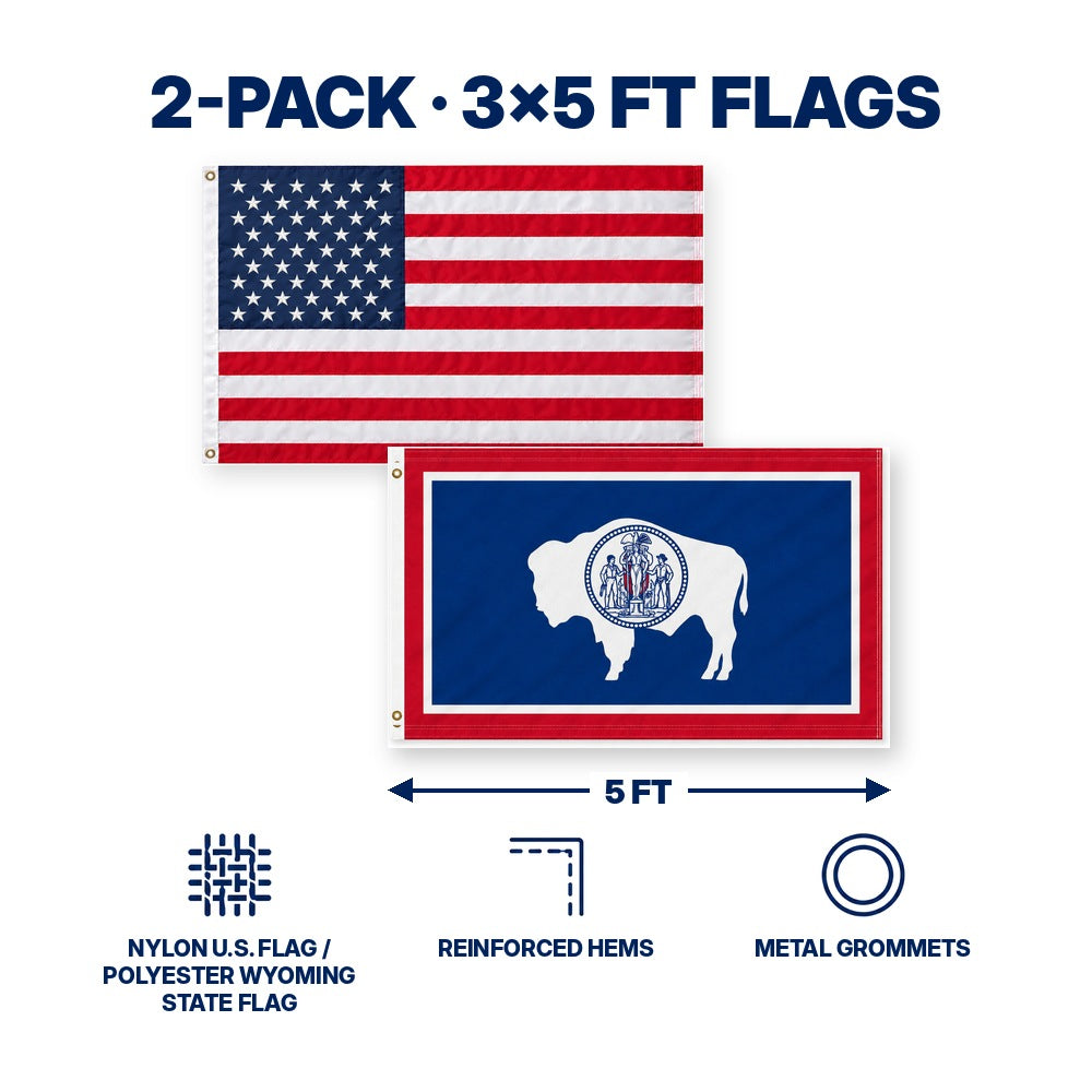 Heavy Duty American Flag and Wyoming State Flag 3x5 2-Pack features and size details