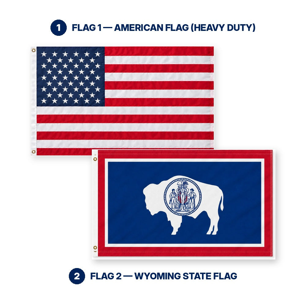 Heavy Duty American Flag and Wyoming State Flag 3x5 2-Pack features and size details