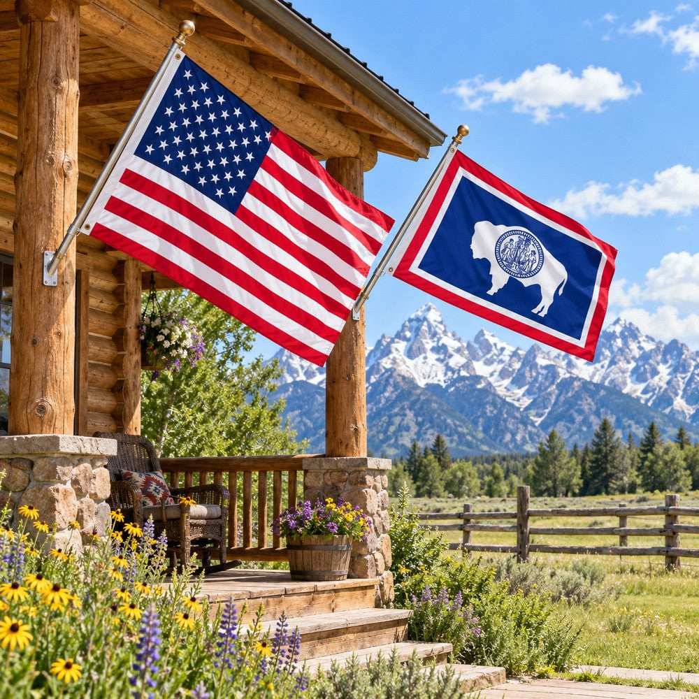 Heavy Duty American Flag and Wyoming State Flag 3x5 2-Pack displayed outdoors