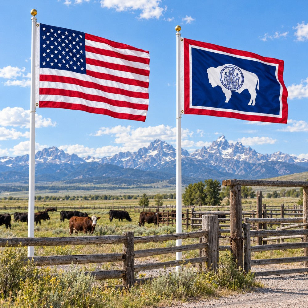 Heavy Duty American Flag and Wyoming State Flag 3x5 2-Pack displayed outdoors