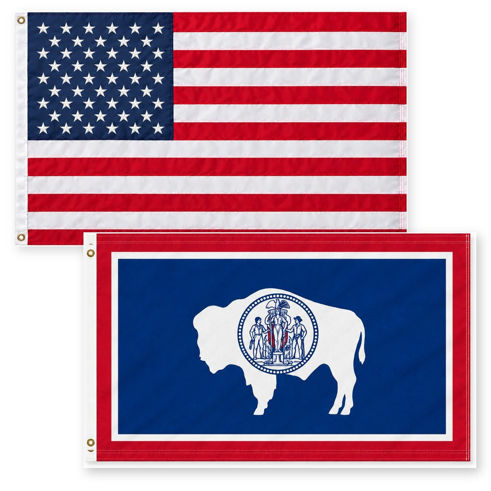 Heavy Duty American Flag and Wyoming State Flag 3x5 2-Pack