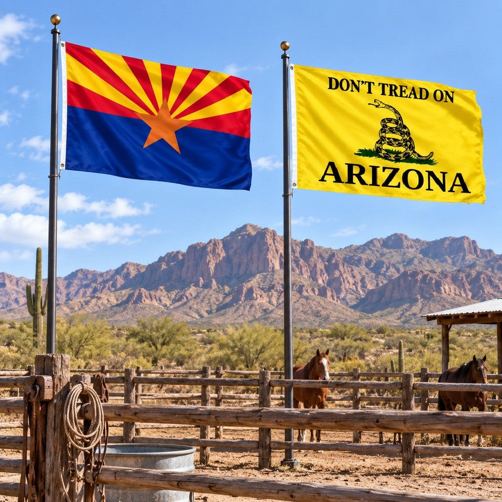 Arizona State Flag and Don't Tread on Arizona Flag 3x5 2-Pack displayed outdoors